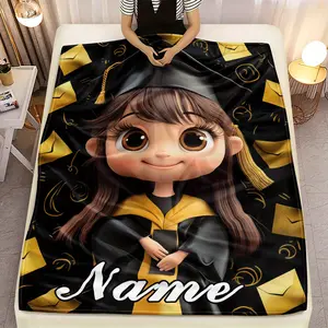 Custom Name Graduation Blankets for Her, Cute Personalized Flannel Throw Blanket, Lightweight Soft Warm Digital Print Blanket for Bed, Sofa, Travel, Camping, Living Room & Office Decor