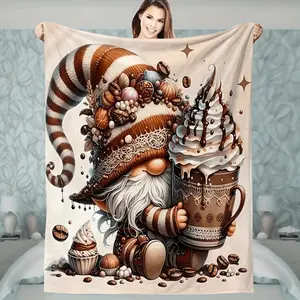 Whimsical Gnome & Chocolate Print Flannel Blanket - Soft, Cozy, All-Season Throw for Sofas, Beds, Cars, Offices, Camping & Travel - Machine Washable, Contemporary Style, Perfect Gift for Any Occasion,