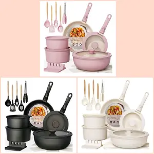 21 Pcs Pots and Pans Non Stick Ceramic Cookware Set, Detachable Handles, RV Kitchen Cooking Set, Oven Safe, Induction Ready, Stackable, Pink