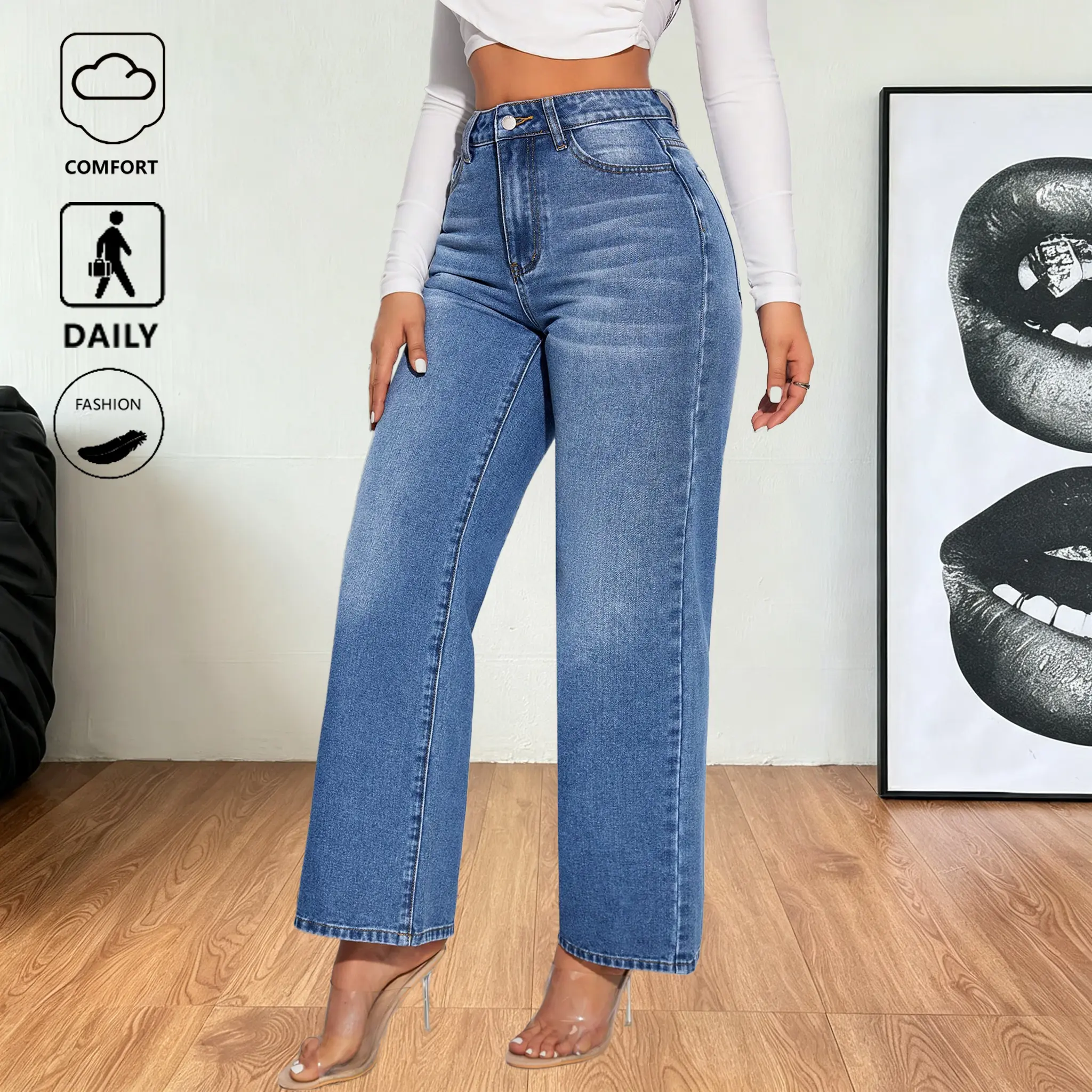 Women’s vintage high-waisted straight-leg jeans with a classic washed distressed finish and a fluid drape that flatters the leg shape—ideal for everyday wear; women’s denim long pants.