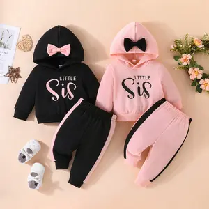 Ready Stock 3m-3y Toddler Girl "Little Sis" Hooded Tracksuit Bow Embellished Contrast Side Pants,2-Pieces Comfy & Cute QH32332A/QH32332B