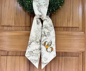 Monogrammed taupe toile thanksgiving wreath sash for front door, personalized chinoiserie pumpkin shower gift, autumn fall porch decor