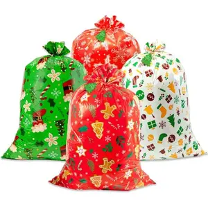 4 count Large Christmas  Bags,  Holiday Drawstring  Bags 36" x 49" Giant Plastic  Present Wrap Bags with  Tag Cards for Big Xmas Presents Party Decorations Holiday  Giving