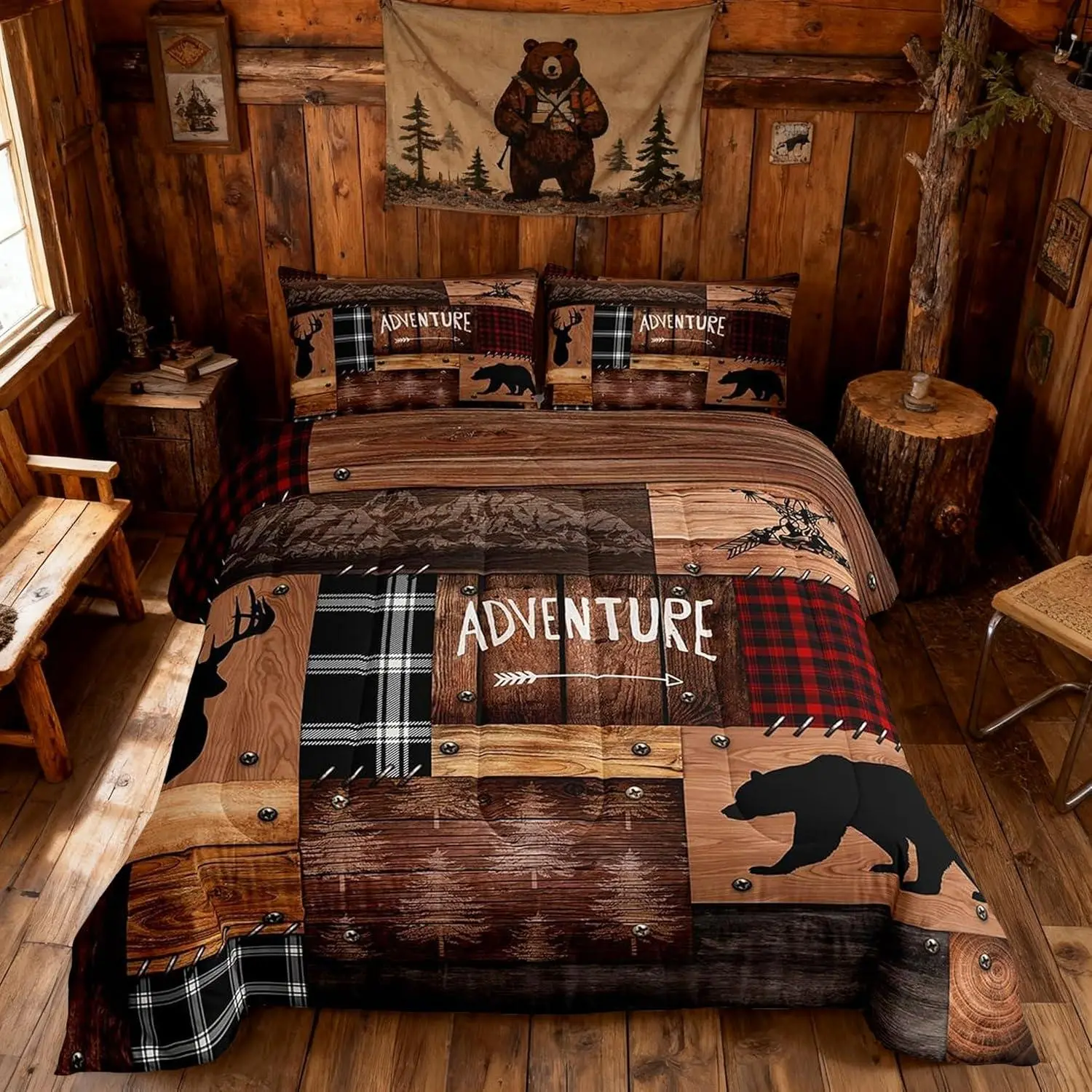 Feelyou Rustic Cabin Quilt Sets - Durable Polyester Microfibre Bed Comforter Set,All-Seasons Lightweight Warmth,Multi-Size (Incl Queen),Machine Washable,Travel Ready,Bear Deer Design,Room Decor,Black