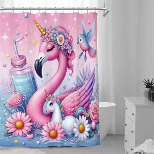 Unicorn & Flamingo Pattern Shower Curtain, 1 Count Durable Waterproof Bathroom Curtain with Hooks, Decorative Shower Curtain Supplies for Bathroom Dormitory Hotel Home Salon