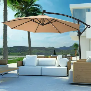 COSTWAY 10 FT 360° Rotating Solar Powered Patio Umbrella, Offset Cantilever Outdoor Umbrella with 360 Degree Rotation, Easy Tilt Adjustment, Crank Handle & Cross Base for Pool Deck Garden Backyard