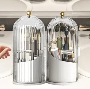 Makeup Brush Holder Organizers with TransparentDoor Lid,360 Rotating Clearance Makeup forVanity Bathroom, Desktop Countertop Storage,Make up Container Spinning Brush Holder