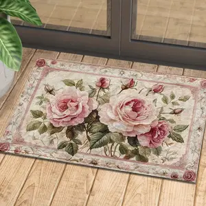 1pc Vintage Pink Floral Pattern Non-Slip Bath Mat - Imitation Material Rectangular Floor Mat, Absorbent and Non-Slip, Suitable for Bedroom, Bathroom, Toilet, Kitchen Entrance, etc. Home Decoration, Four Seasons Universal Mode