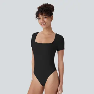 Halara Ribbed Knit Square Neck Short Sleeve Button Skinny Work Bodysuit