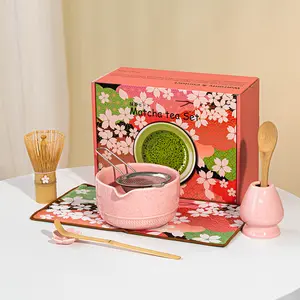 Matcha Whisk Set Pink Edition Ceramic Bowl Whisk Holder Bamboo Scoop Rest Sifter Tea Towel 7 Pcs Kit for Matcha Lovers