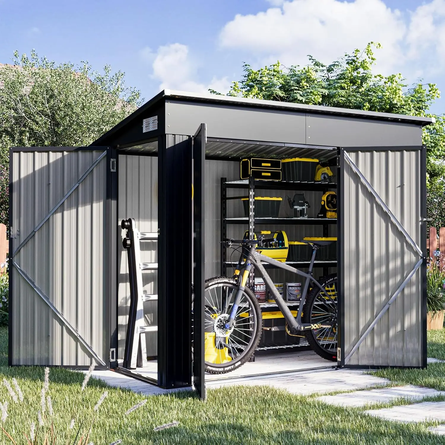 Jolydale 8'x4'/10‘x8’/12‘x10’ Triple Door Shed Outdoor Storage Shed with Three Lockable Door for Easily Accessing Metal Storage Cabinet with Slopping Roof for Tools Bicycles Storage for Garden, Backyards (Black)