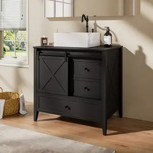 VNN Bathroom Vanity with Sink – 36 Inch Bathroom Vanity with Sink Ceramic, Freestanding Cabinet with Farmhouse Sliding Barn Door and 3 Drawers, Space-Saving Storage Cabinet, Wood Grain Texture, Black