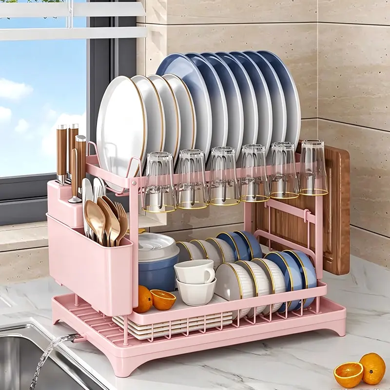Freestanding Countertop Kitchen Drying Rack Organiser - Home Supply with Detachable Large-Capacity Drain Box, Knife, Cup, Cutting Board & Utensil Storage, Durable Space