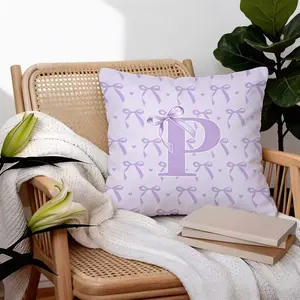 A-Z Initial Letter Purple Bow Throw Pillow, 18x18 Inch 45x45cm Soft Short Plush Cushion with Insert, Coquette Aesthetic Decorative Pillow for Sofa Bed Car, Personalized Gift for Girls Teens & Women