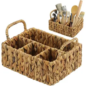 Wicker Utensil Caddy – Handwoven Water Hyacinth Cutlery Holder with Handle. Perfect for Organizing Silverware in Kitchen, Countertop & Parties