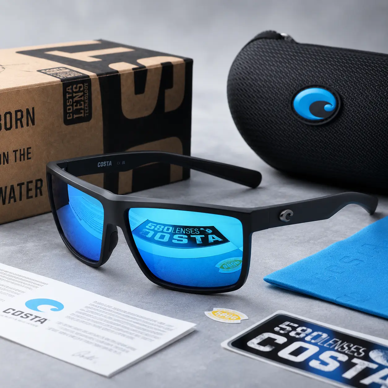 Full Box Rinconcito Polarized Sunglasses, Black Frame And Blue Lenses