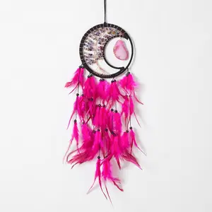 Moon Dream Catchers Wall Decor Crescent Tree of Life Chakras Dream Catcher with Agate & Crystal Stone Handmade Rose-Red Feather Dreamcatchers Wall Hanging for Girls Bedroom Blessing Gift