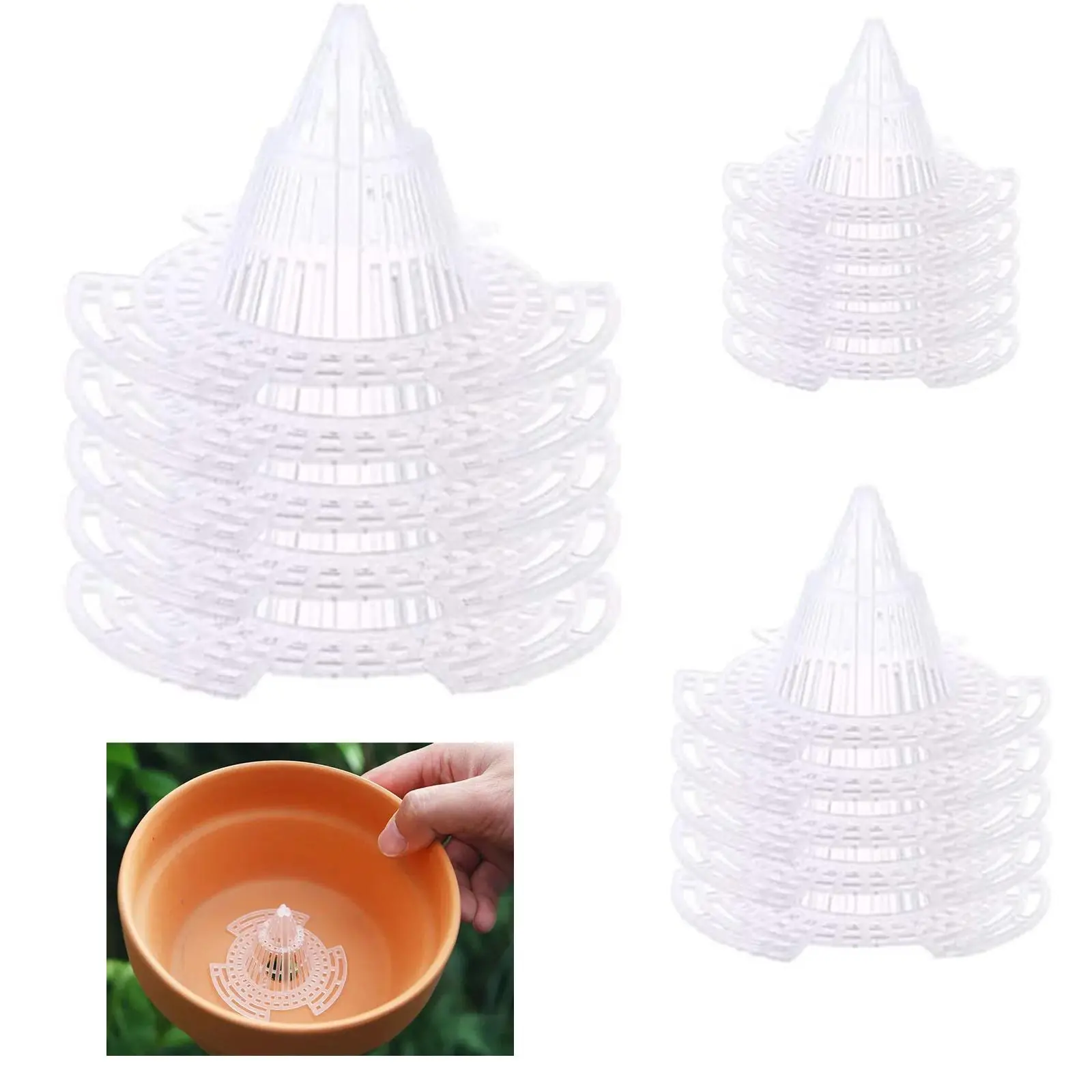15-Pcs Mesh Cup Planter Bottom Grid Gaskets, Transparent Multi-Size Hollow Conical Anti-Corrosion Hole Pads (S*5+M*5+L*5, L 110*65mm) - Breathable Hydrophobic Drainage Aid for Bonsai Plant Care, Prevents Soil Leakage & Root Rot, Easy to Use