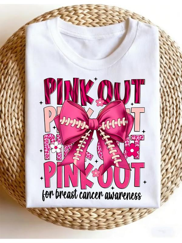 Pink Out Football Bow Breast Cancer Awareness Women Crew Neck T-Shirt Leopard Zebra Print Letter TeeCharity Event Outfit