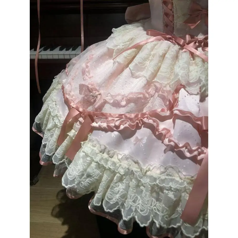 Japanese Style Sweet Cute Girly Dress Suit Women Kawaii Waist Splicing Suspender Puffy Dress Slim Sleeveless Pink Two-piece Set