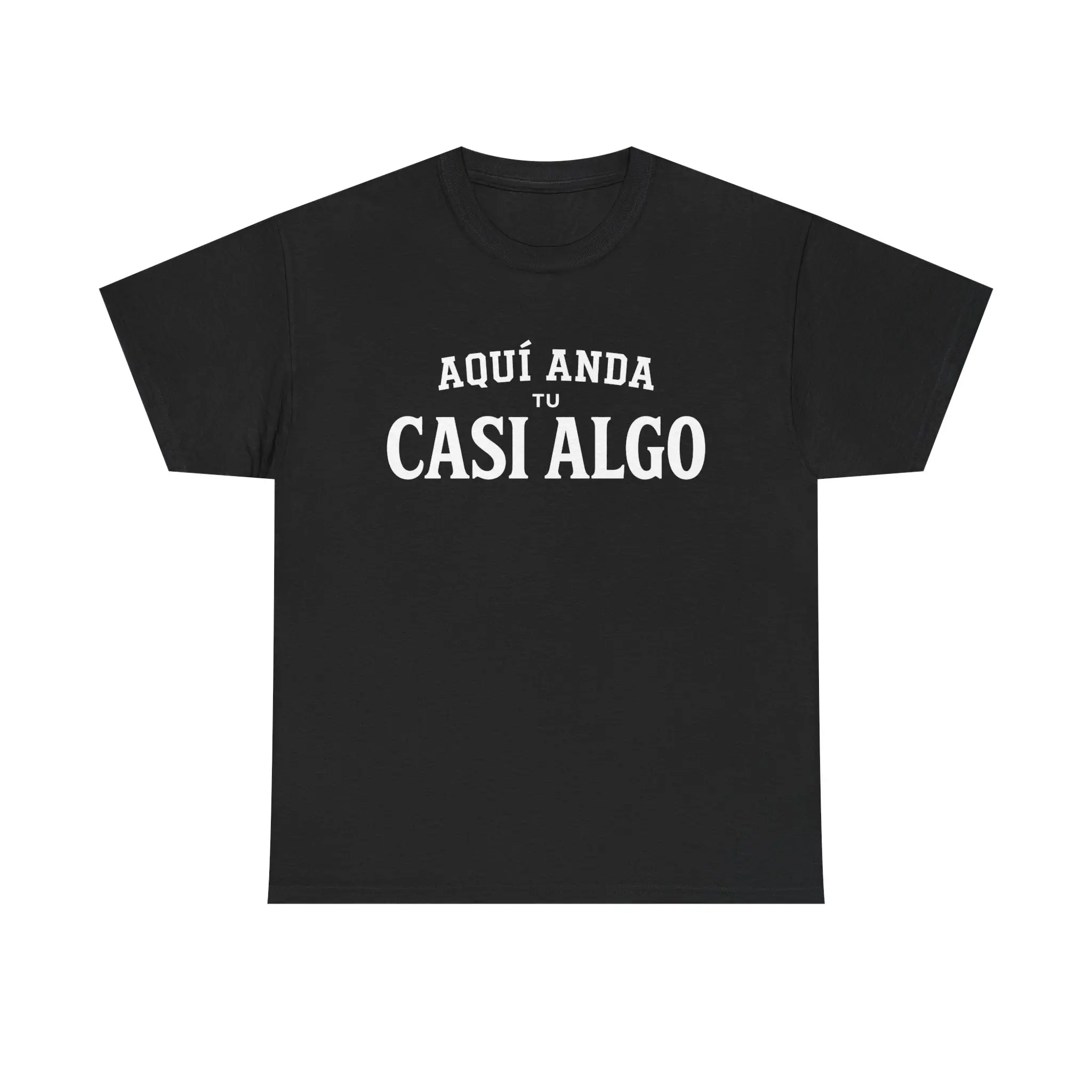 100% Cotton Funny Spanish Saying T-Shirt - "Aquí Anda Tu Casi Algo" Dating Humor Graphic Tee, Casual Streetwear Short Sleeve Round Neck Shirt, Funny Gift for Men & Women