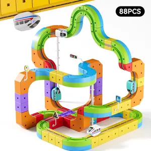 88PCS Magic Rail Block DIY Track Set with LED Lights Gravity Defying Loops Upside Down Driving Creative Construction Set for Kids Ages 5+ STEAM Learning Gift road sign