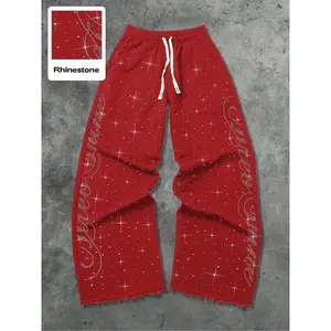 Men’s street-style straight-leg lounge pants with rhinestones, perfect for home or party wear—comfortable and stylish