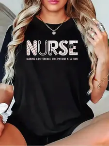 Women's Nurse T-Shirt "Making a Difference One Patient at a Time" - Casual Short Sleeve Round Neck Nursing Apparel, Comfortable Everyday Attire, Machine Washable Solid Color (Black/Grey/White/Dark Red)