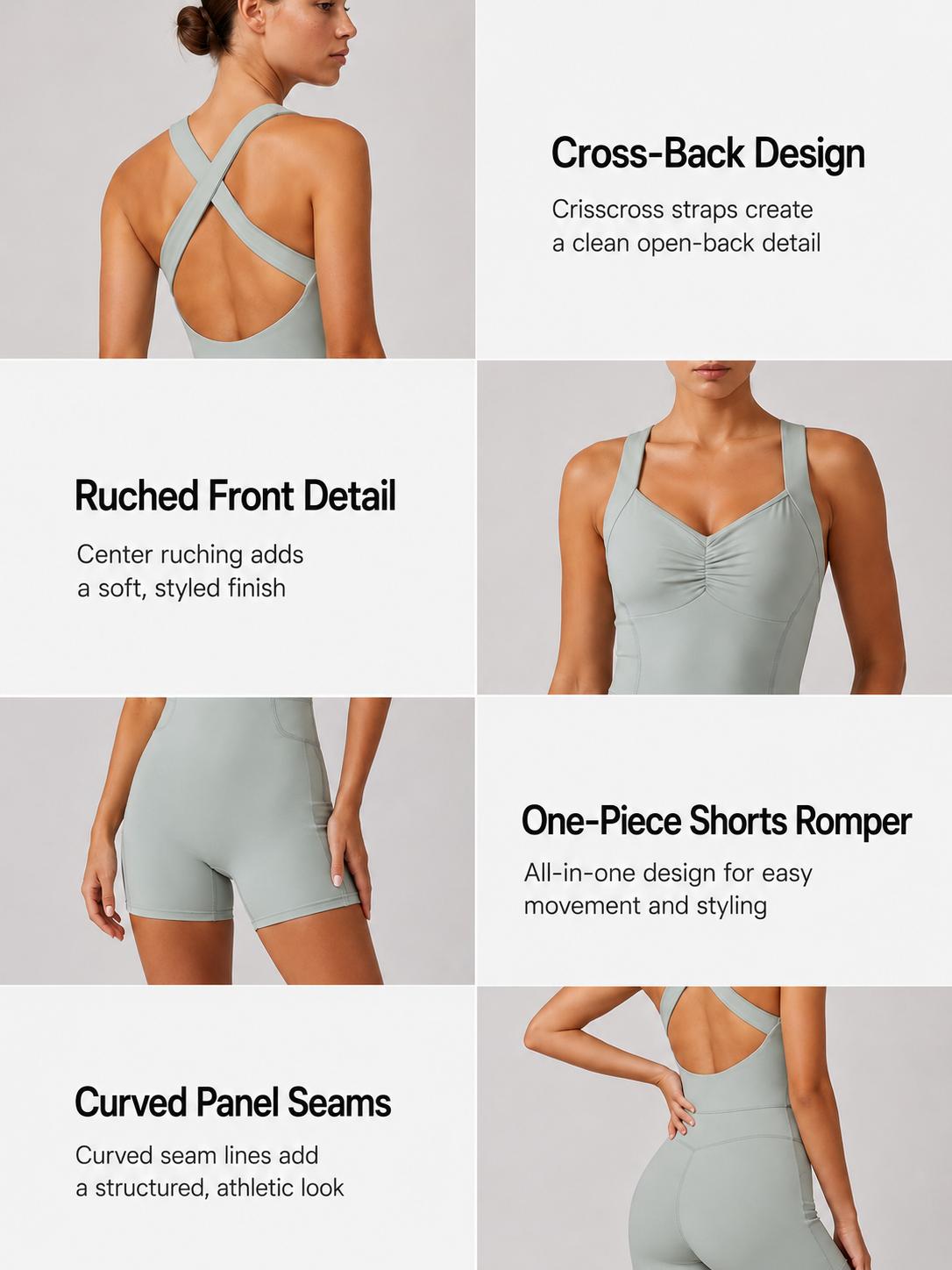 Sodalemon Women’s Workout Romper - Ruched Front, Cross-Back Cut, Sleeveless Fitted Biker Shorts Unitard for Pilates, Gym Fitness