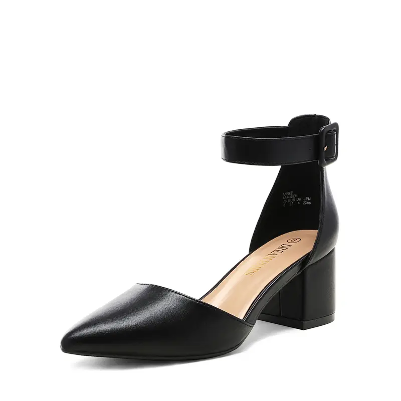 Dream Pairs Women's Stylish Wide Fit D'Orsay Pointed Toe Heeled Pumps - 2.25" Chunky Block Heel Footwear, Cushioned Latex Insole, Adjustable Buckle Ankle Strap, Black PU/Nubuck Classy Fashion Heels
