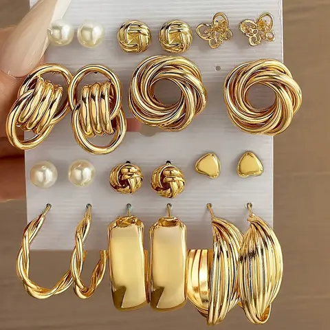Luxury Palace Style Earrings - 11 Pairs, Heart, Butterfly, Flower, Geometric, Imitation Pearl, Suitable for Women's Parties, Dates, Vacations