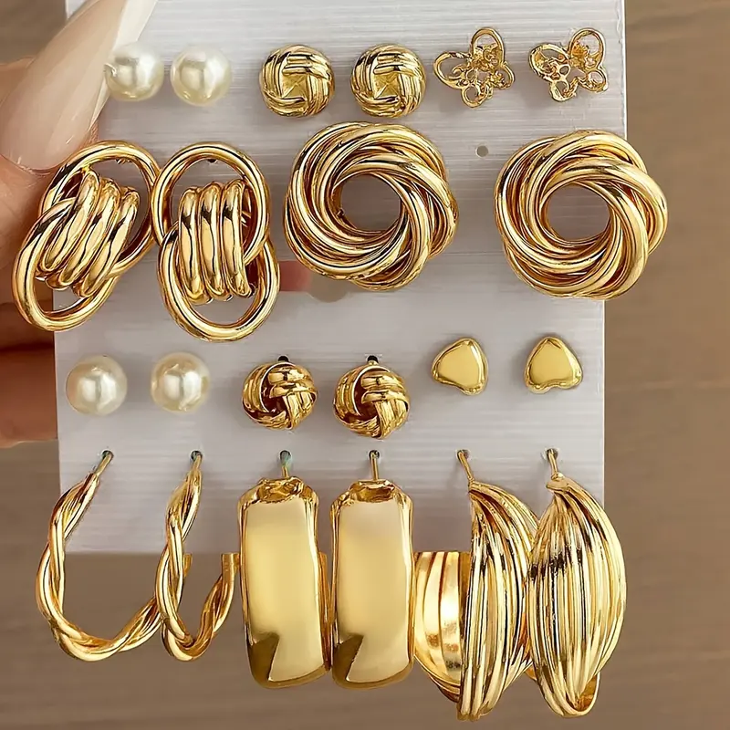 Luxury Palace Style Earrings - 11 Pairs, Heart, Butterfly, Flower, Geometric, Imitation Pearl, Suitable for Women's Parties, Dates, Vacations