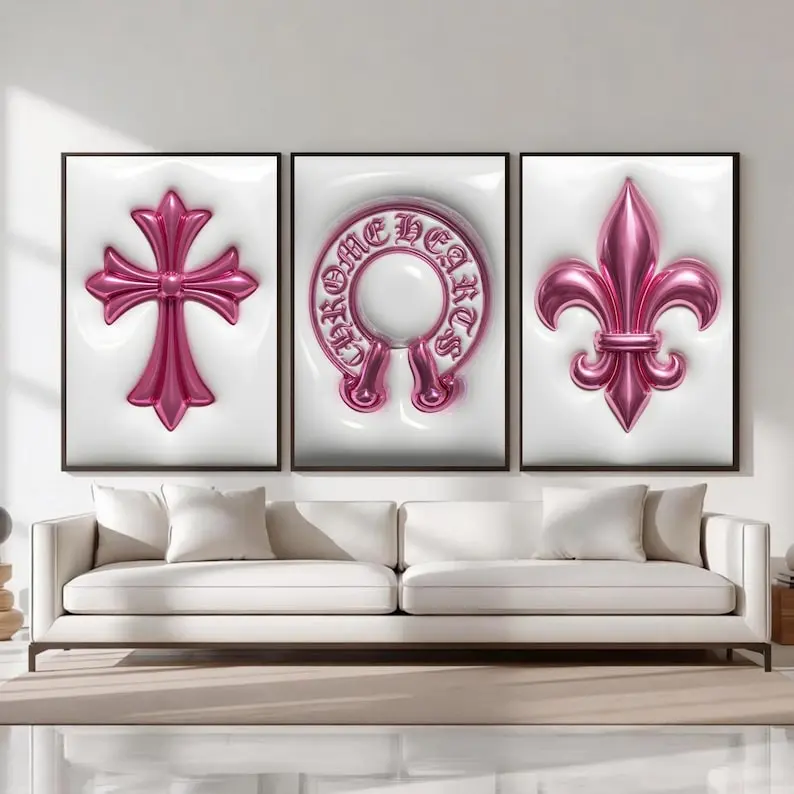 Chrome Hearts Hypebeast Wall Art Poster Set of 3, White Pink Chrome Gothic Cross Art, Horseshoe Print, Fleur De Lis Luxury Y2K Room Decor