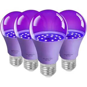 Black Lights Bulbs, LED Fluorescent Light Bulb A19 Blacklight 9W (75Watt Equivalent), E26 Base 120V, UVA Level 390-400nm, Glow in The Dark for Blacklights Party,  , Fluorescent Poster, 4 Pack