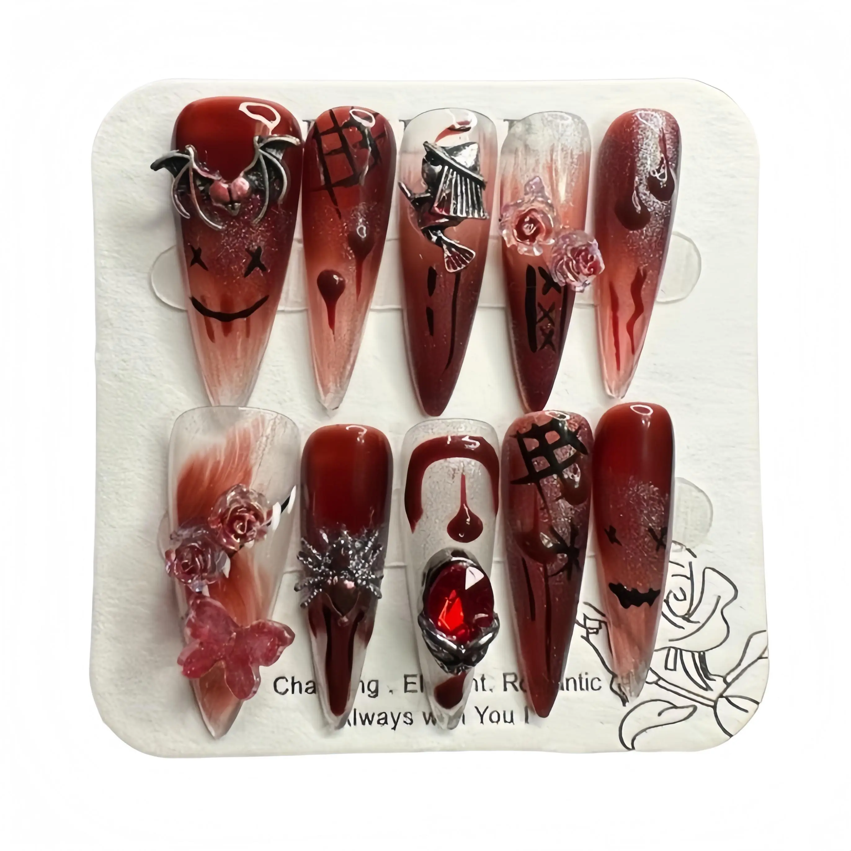 JC H8 Handmade Artificial Press-On Nails - Vampire Look Gothic Halloween Nail Art Kits, 10-Piece Multi-Pack, Salon-Grade High-Quality, Long-Lasting, Cost-Effective, New Year Ready, Multiple Color Options, Included Tools & With Glue Kit