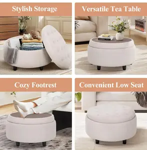 Beige Fabric Round Storage Ottoman with Reversible Tray Lid – Multi-Functional Footrest, Hidden Storage, Sturdy & Stylish Small Coffee Table for Living Room, Bedroom, or Entryway(Beige)