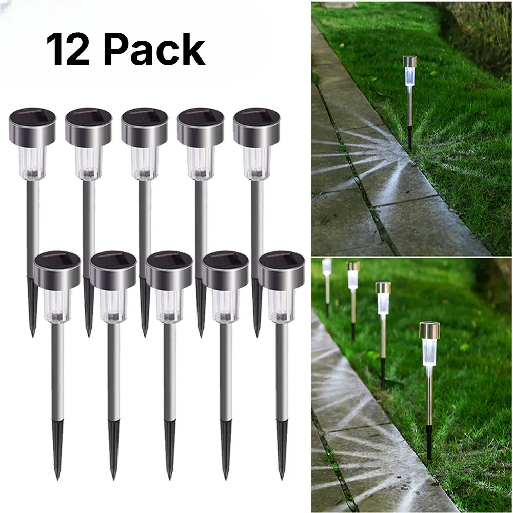 12 Pack LED Outdoor Solar Landscape Lights,Waterproof Stainless Steel Solar Pathway Lights, Auto On/Off Walkway Lighting for Patio, Lawn, Yard & Driveway