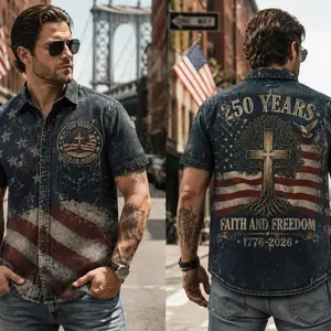 Vintage Patriotic 250 Years Faith & Freedom Shirt, Men’s American Flag Cross Tee, Distressed Navy Button-Up, Independence Day, Polyester