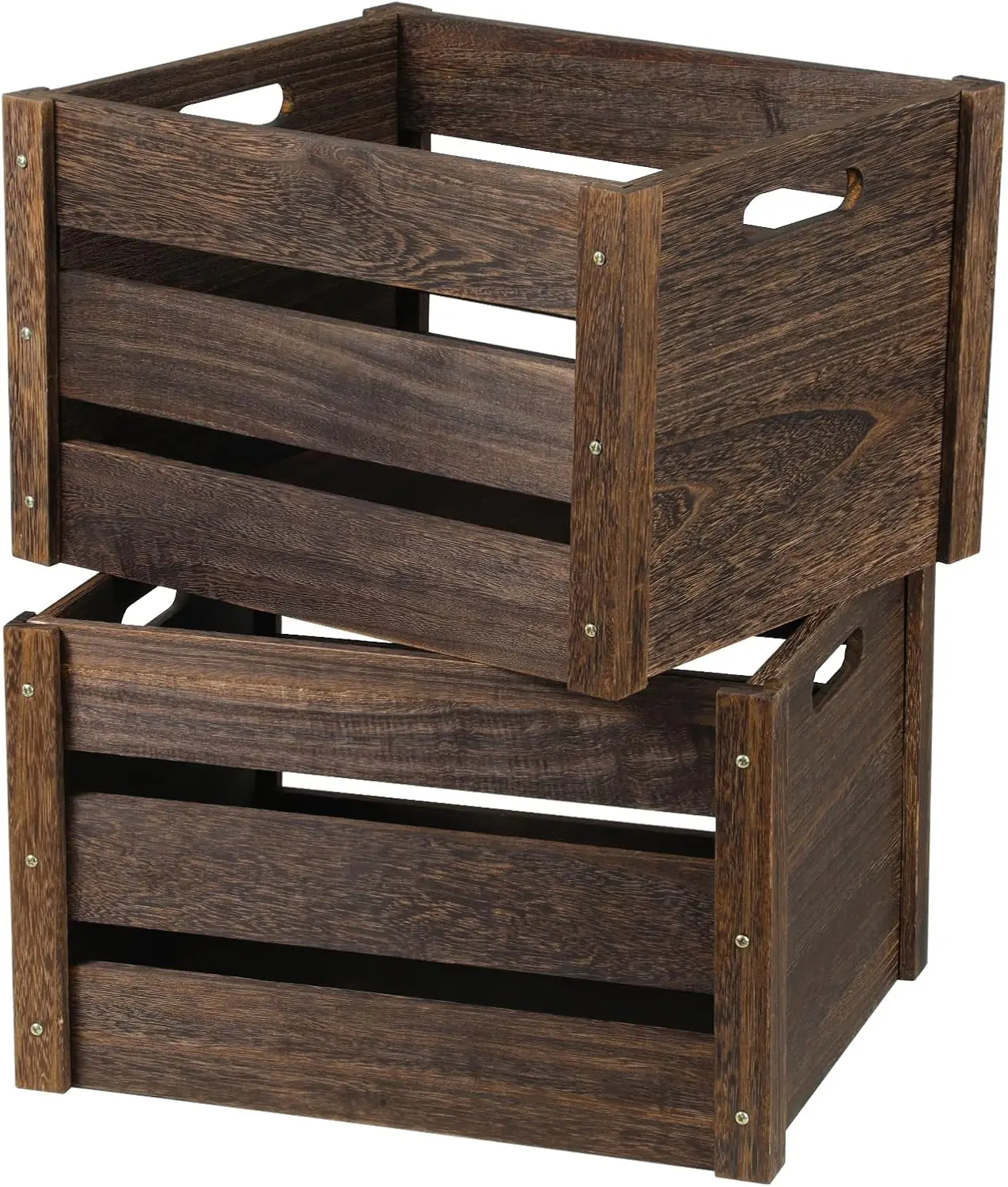 Edergoo 2-Pack Rustic Handmade Wooden Crates with Handles, Durable Large Open Storage Bins for Home Display & Decor, Brown Home Organizer