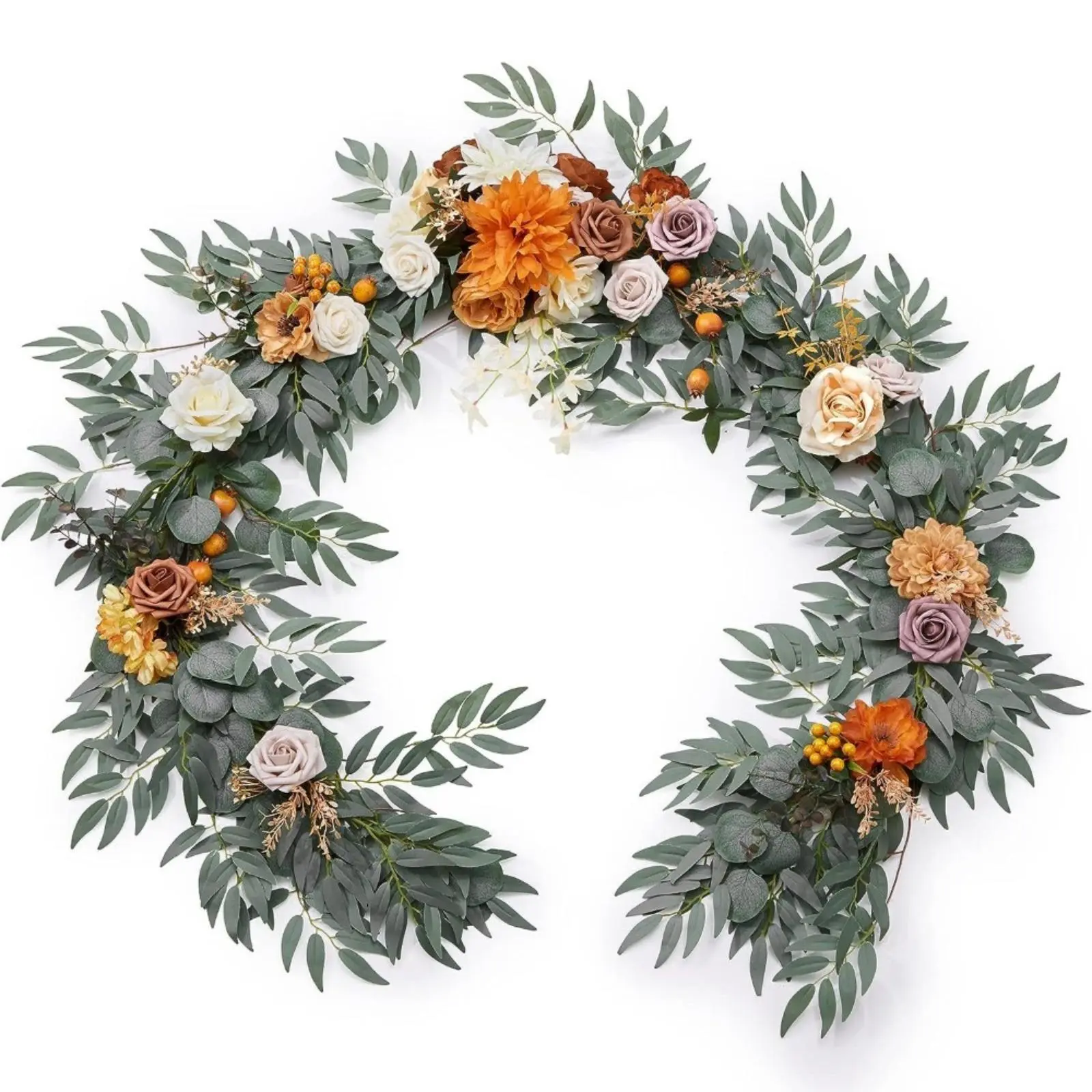 5.9 ft Silk Faux Flower Garland with Polyester Roses, Fruit Ornaments, Eucalyptus - Natural Look Floral Decor for Western Weddings, Valentines Day - Home & Festive Supplies