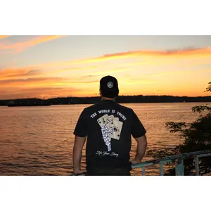 World Is Yours Tee Menswear Top - 100% Acid Washed Cotton Crewneck Tshirt with Oversized Fit & Unique Skeleton Card Art Design