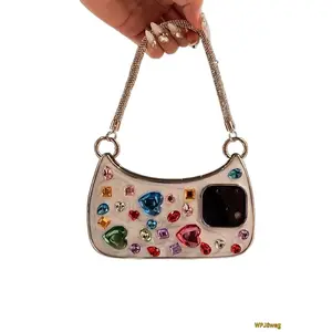 New Case for iPhone 16/15 - TikTok Popular Style Resin Inlaid with Gems, Detachable Charm Bracelet, Electroplated Shine