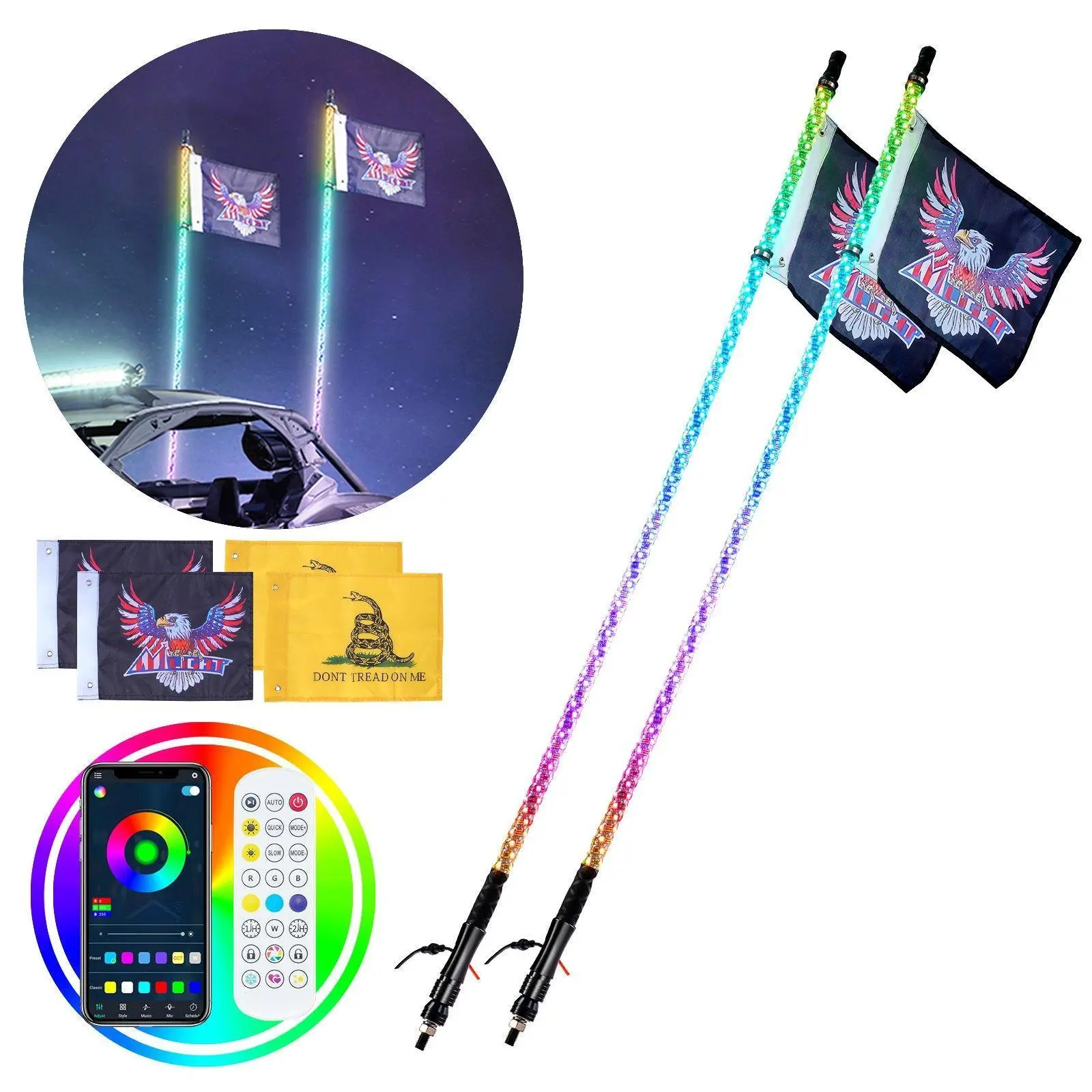 【SummerFinds】VEVOR 2 PCS 4 FT Smart Bluetooth Colorful Lighting LED Waterproof 360° Spiral RGB Changing Chasing Lighted Whips, APP & RF Remote Control, 4 Flags & Strips, Vehicle Accessories Fancy LEDs for UTVs, Off-road Vehicles
