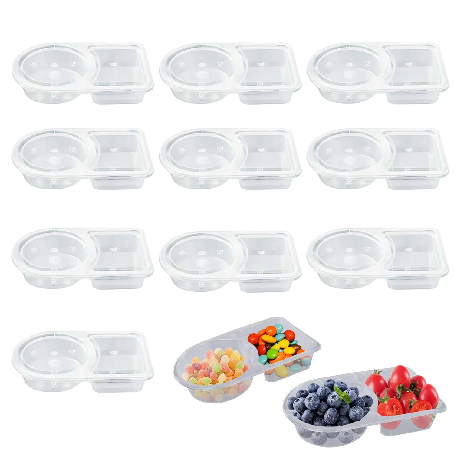 10-Piece Dual Compartment Condiment Containers Set, Transparent Plastic Storage Boxes for Sauces & Snacks, Travel-Friendly Design