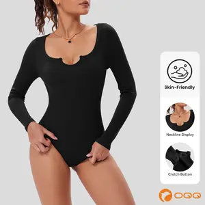 OQQ Women’s Long Sleeve Bodysuit – Stretchy Ribbed Fabric U-Neck With Notched Casual Chic Top For Daily Wear Or Layering