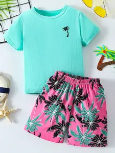 Coconut Tree Print Short Sleeve Set, Summer Comfortable Daily Wear for Boys and Girls, Trendy Fashion for Sports, School, Outdoor Activities