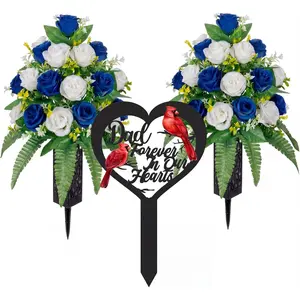 3 Pcs Father's Day Memorial Dad Cemetery Decorations Artificial Cemetery Flowers Heart Cardinals Memorial Grave Markers Stake White Blue Rose Funeral Flowers for Grave Vase Remembrance