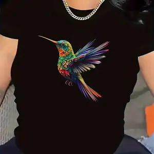 Women's Black T-Shirt with Vibrant Hummingbird Design - Colorful Feathers, Lightweight Cotton, Comfortable Fit for Casual Wear, Perfect for Home or Daily Use, Casual Wear Tee | Vibrant Print Tee | Medium Stretch Fabric Black CLL T-shirts-7277