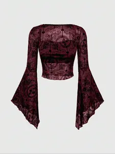 Women's Elegant Casual Transparent Velvet Gothic Christmas Top, Square Neck Flare Sleeve Fitted Shirt with Lining, Holiday Fashion