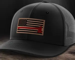 Thin Red Line Firemen Flag Hat, Leather Patch Trucker Hat